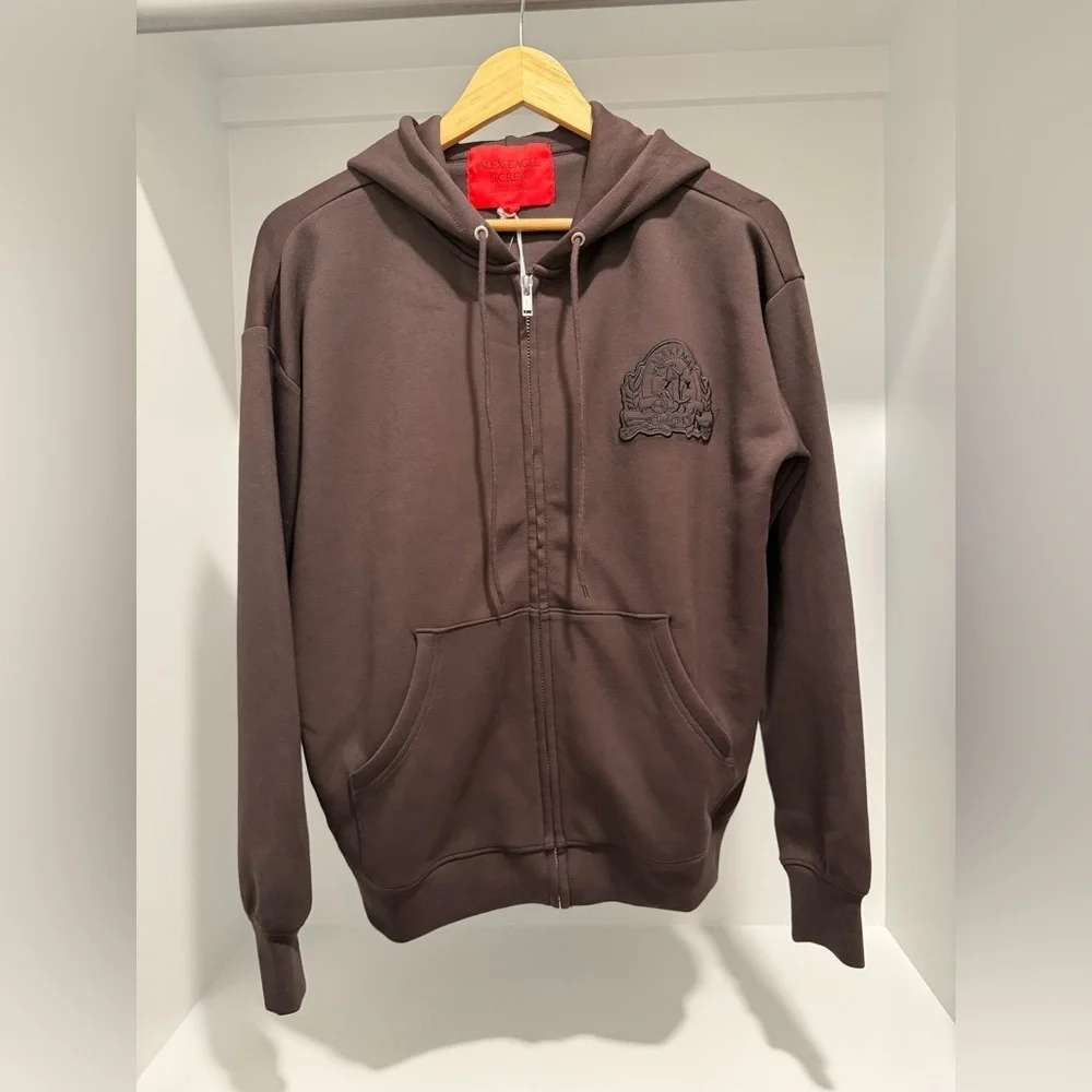 NEW Alex Eagle X J.Crew scuba-knit full-zip hoodie chocolate patch CO751 $168